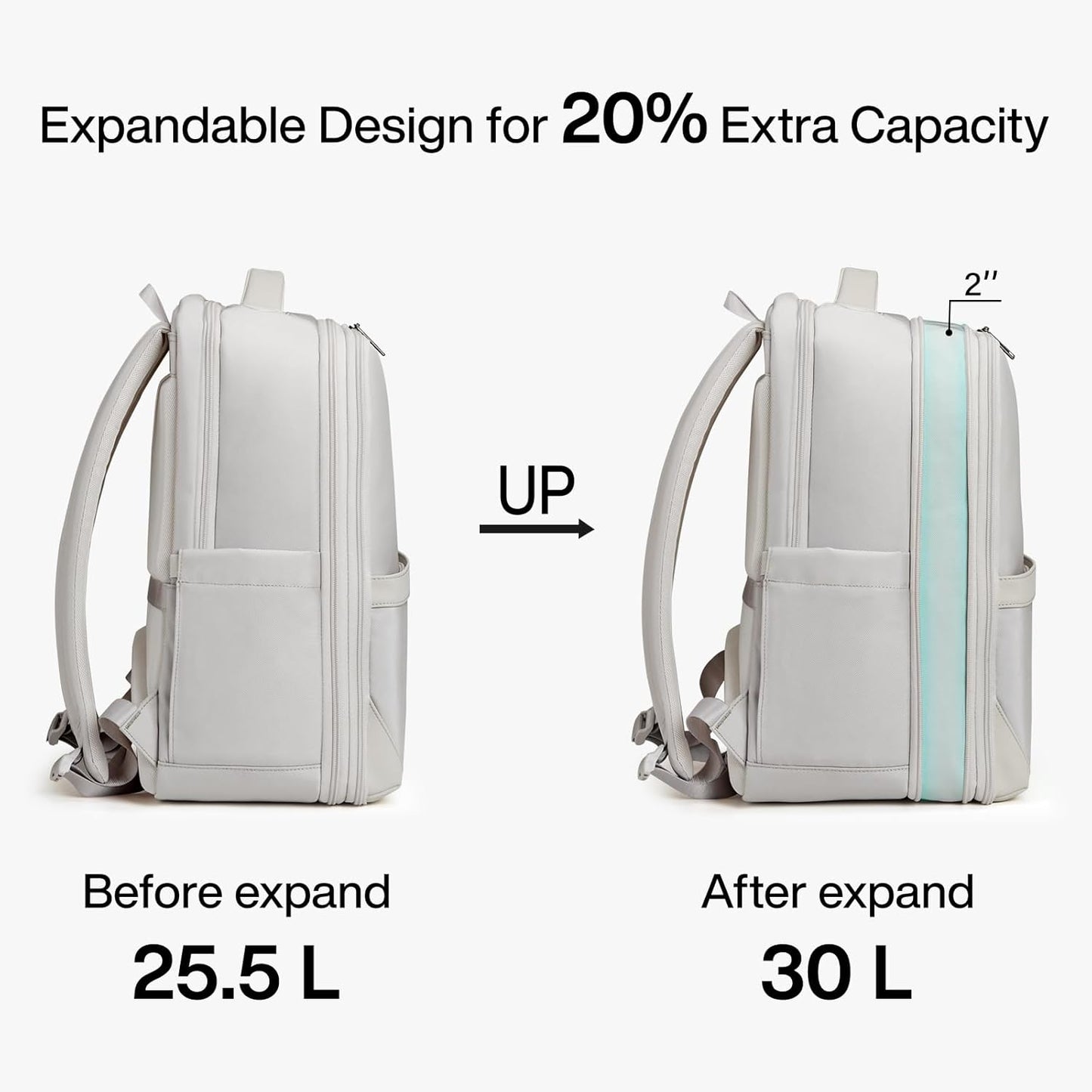 Hanke Expandable Travel Backpack 17 Inch, Full-Open Laptop Backpack Fits 15.6 Inch, Carry On Personal Item Bag with Luggage Strap, Business Work Backpack for Women Men, Greyish White