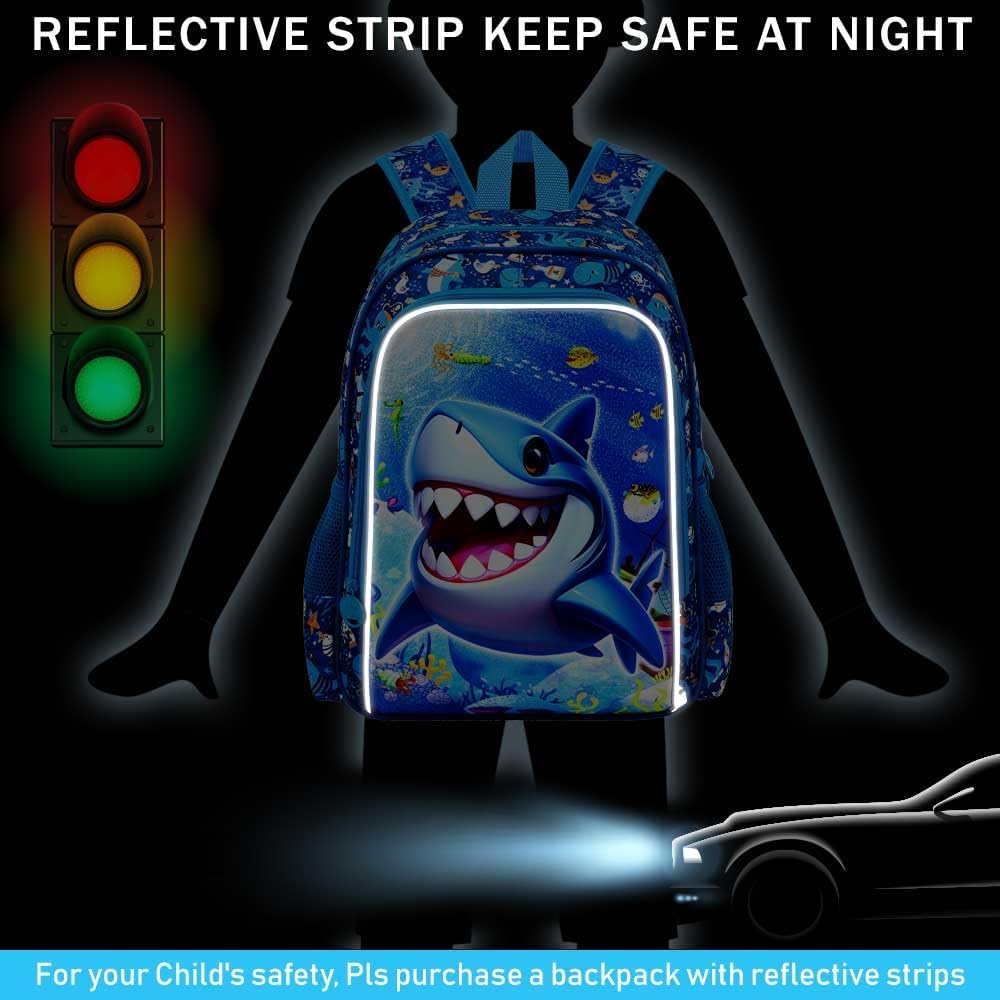 16" Shark Backpack for Boys, 3Pcs Kids Bookbag with Lunch Box, School Backpacks for Elementary Preschool Kindergarten (Blue)