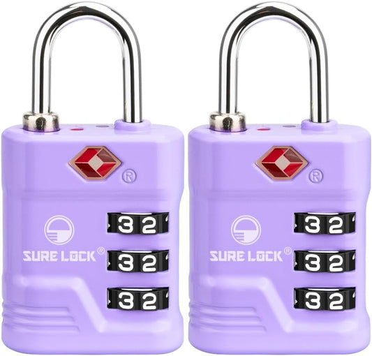 SURE LOCK TSA Locks for Luggage, TSA Approved Luggage Locks with Open Alert, 008 Key for High Security, Easy Read Dials, Zinc Alloy Body, Locker Lock for Suitcase, Gym, Travel. (Purple 2 pk)