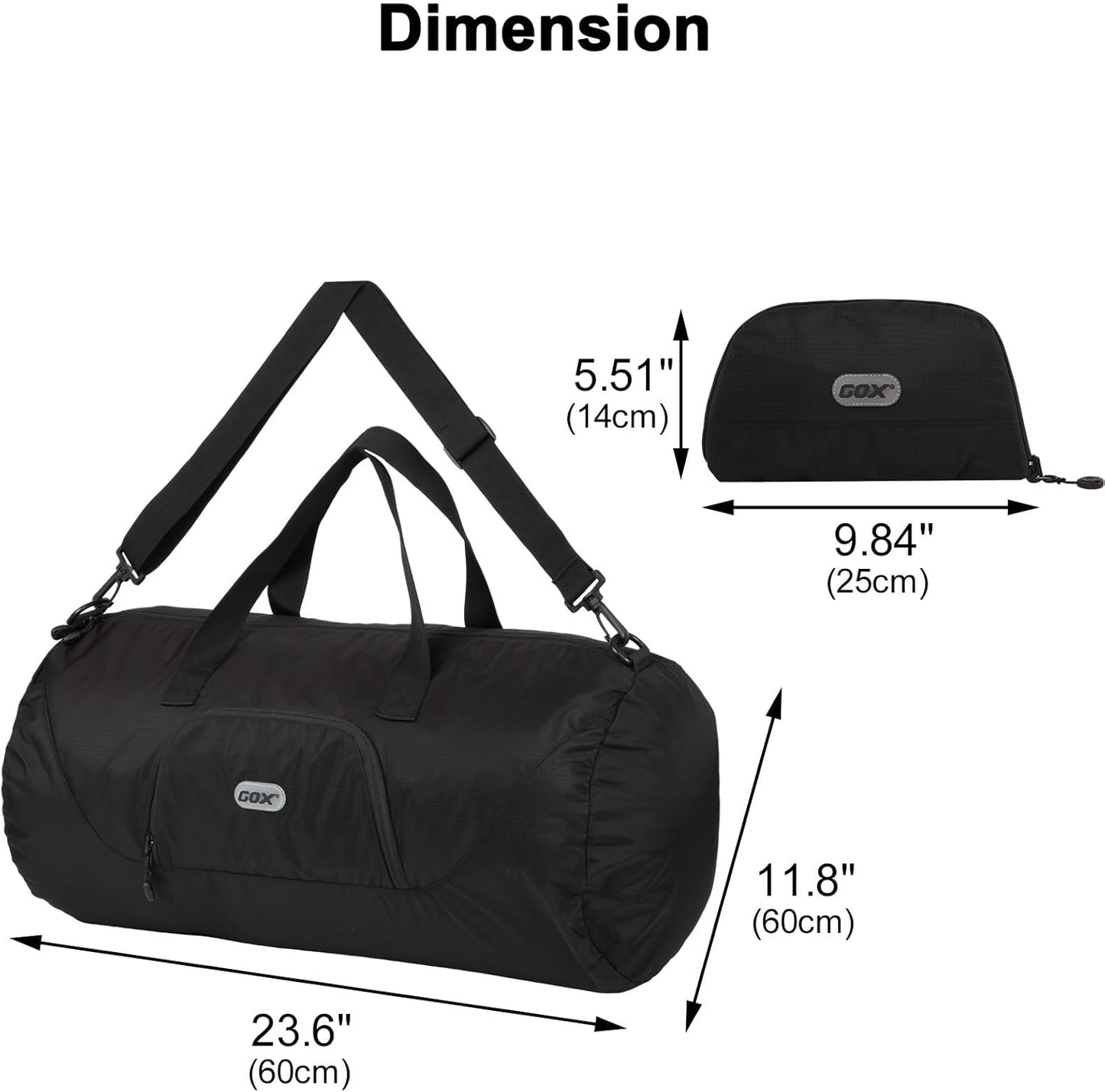 GOX Foldable Travel Bag Packable Tote Duffle Bag For Travel Spirit Airlines Personal Item Bag 18x14x8(Black)