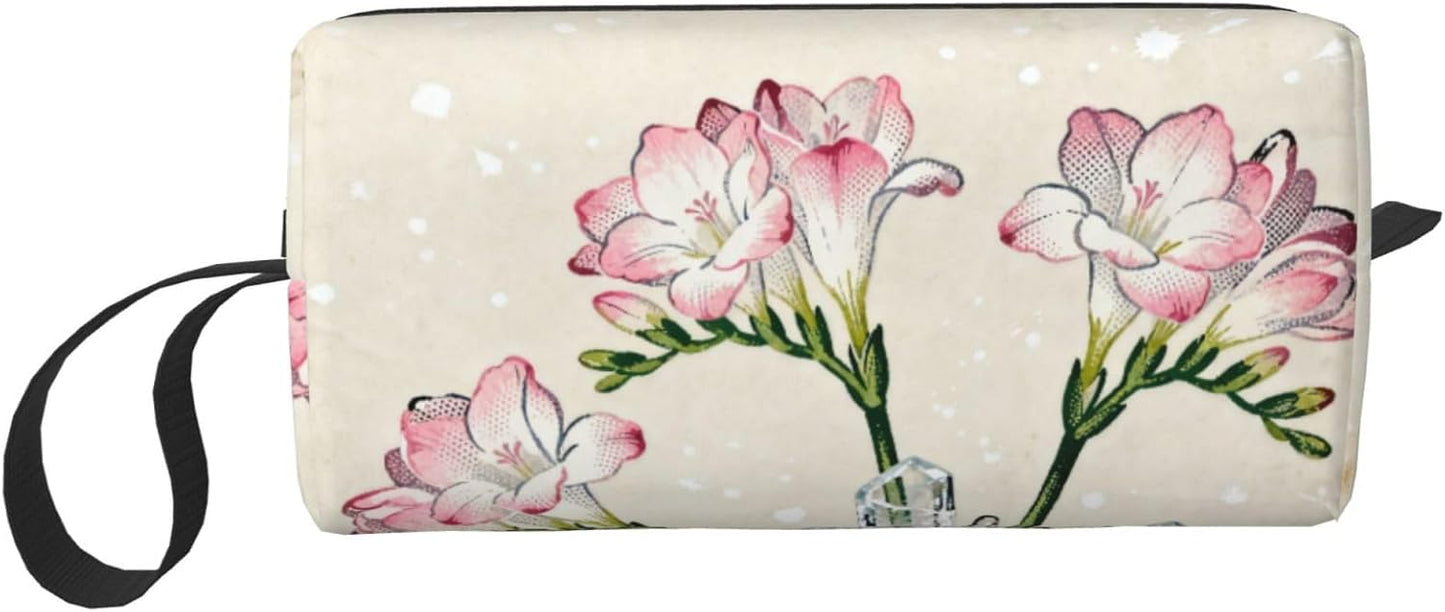 Pink Freesia Floral Makeup Bag Organizer Compact & Durable Flower Travel Cosmetic Bag Oxford Fabric Impact-Resistant Multi-Purpose Storage Perfect for Travel, Gym, Daily Use