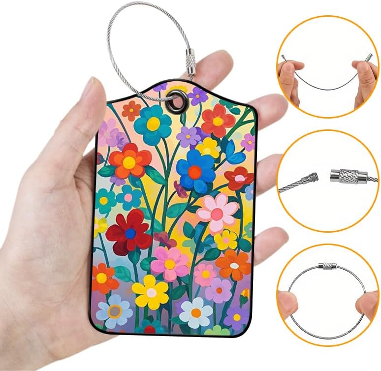 2 Pack Wildflowers Leather Luggage Tags for Suitcases, Travel Bag Tags with Privacy Cover ID Label with Stainless Steel Loop for Women Men Girls Backpack Gift (Red Blue)