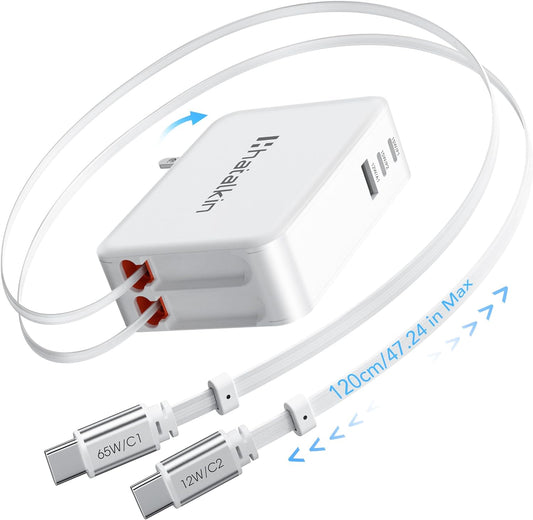 65W for MacBook Pro Charger,5-in-1 Retractable Wall Charger Plug for iPhone 17, Dual 3.94 ft PD USB C Cable&3 Ports, Fast Charging Block for Mac Book Pro/Air, M1 M2 M3 M4, iPad Pro,Galaxy,Pixel