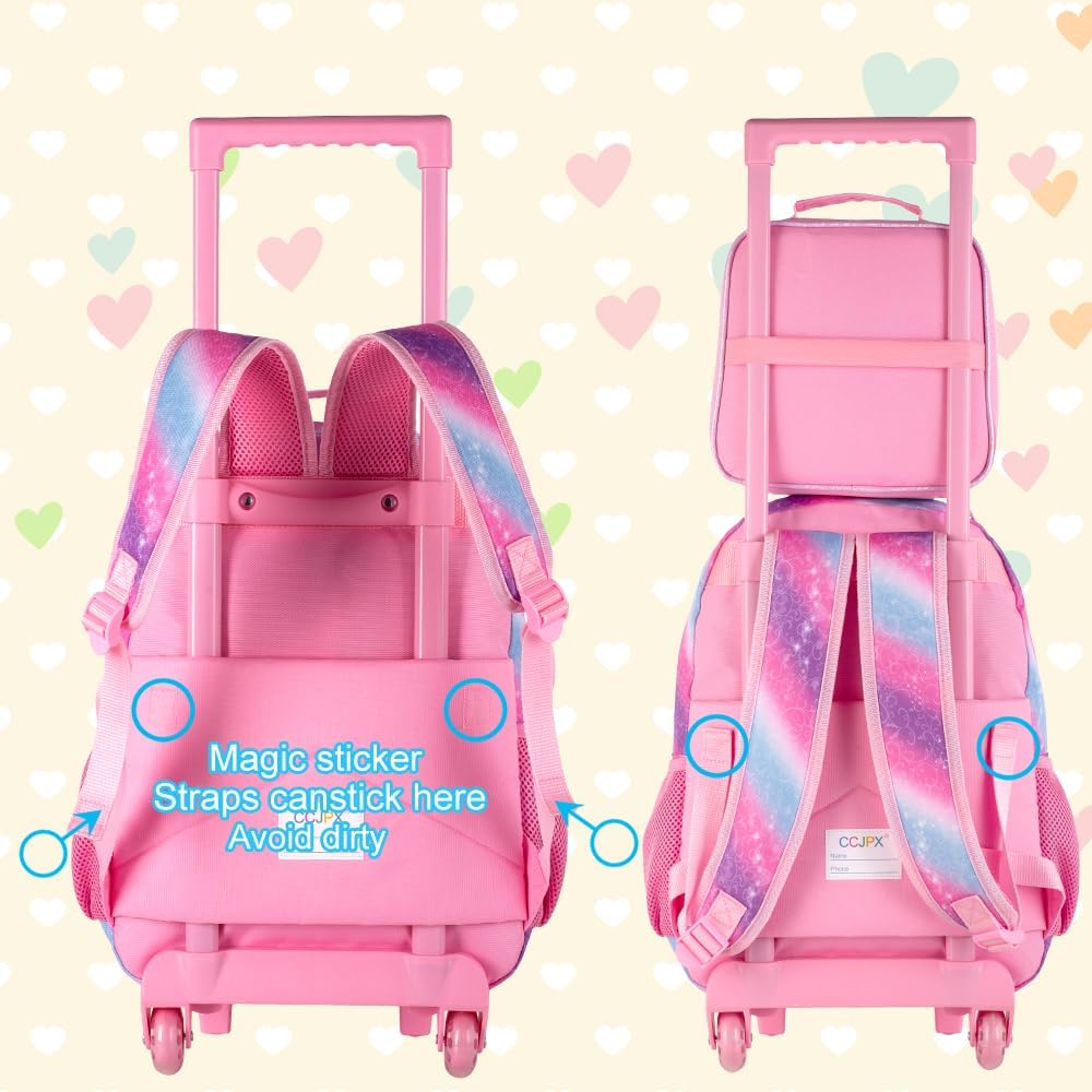3PCS Rolling Backpack for Girls and Boys, Kids Roller Wheels Bookbag, Wheeled Elementary School Bag with Lunch Bag