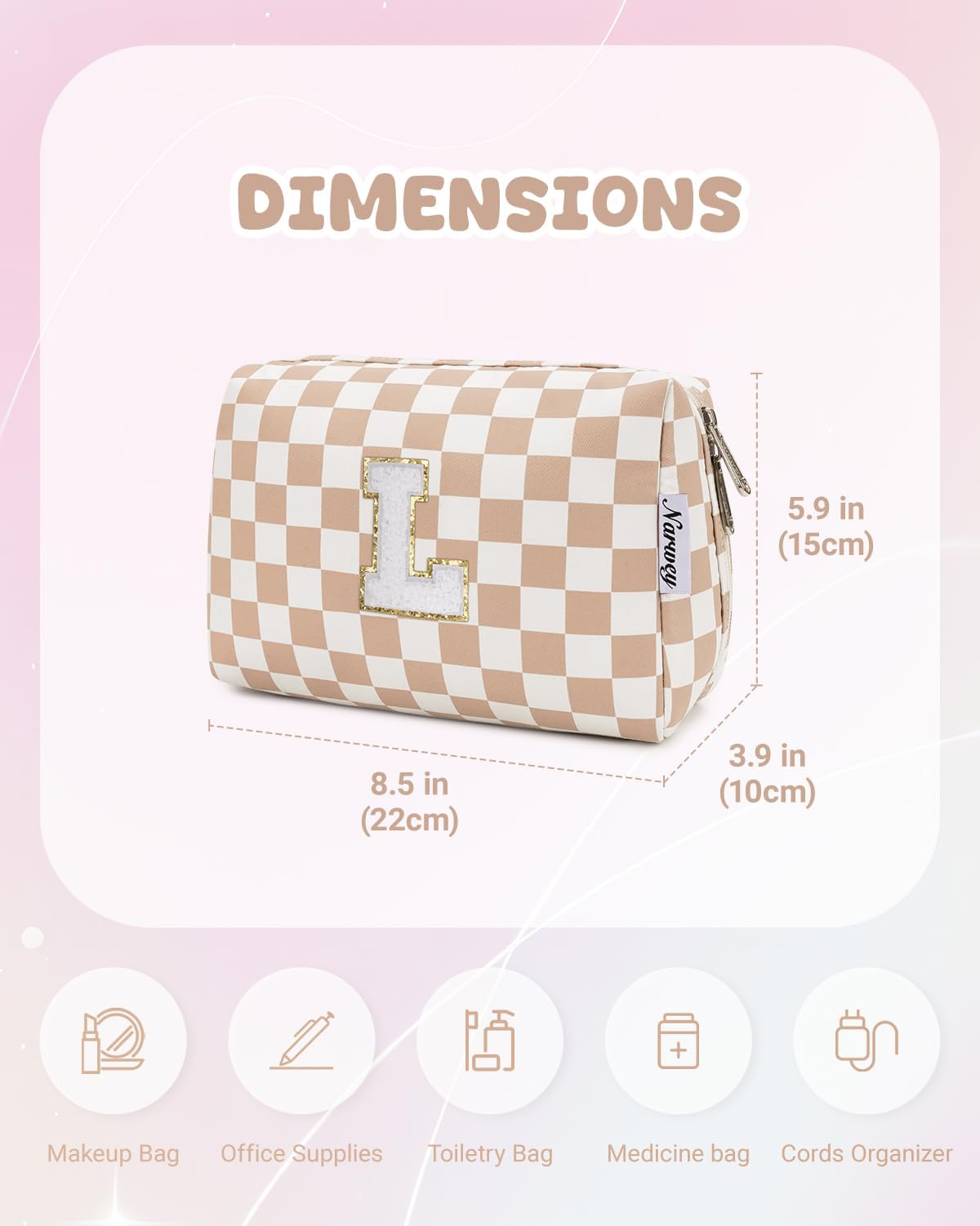 Narwey Birthday Gifts for Women Teen Girls Kids Personalized Initial Checkered Makeup Bag Cute Cosmetic Bag Trendy Stuff 6 8 10 11 12 13 14 16 18 Years Old Travel Toiletry Bag (Brown Checker Letter L)