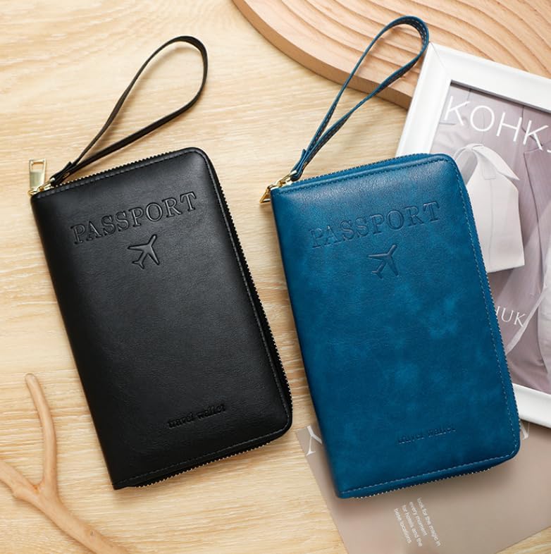 RFID Passport Wallet for Women & Men, Leather Zipper Travel Organizer with Waterproof Design (Black)