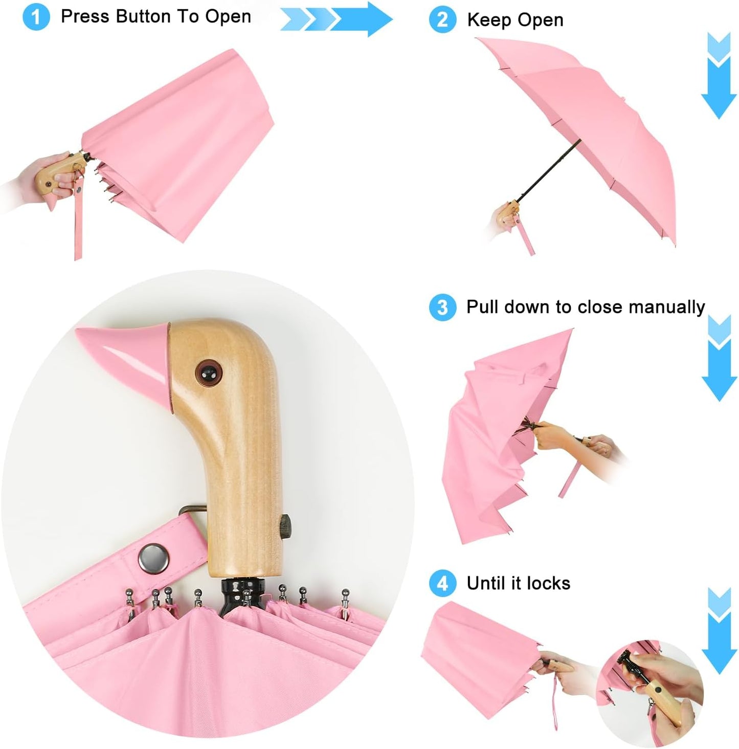Duck Handle Umbrella Kids - Compact Portable Folding Lightweight Small Strong Wooden Duck Windproof Travel Umbrella for Kids Gifts
