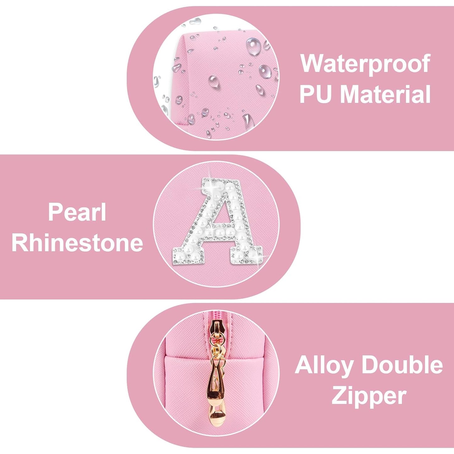 ChaoGreat Bride Gifts – Personalized Initial Makeup Bag with Pearl Rhinestone Patch, Preppy Pink Monogram Cosmetic/Toiletry Pouch, bridesmaid Gifts, Bridal Shower Gifts, Wedding Gifts, Bridal Gifts,A