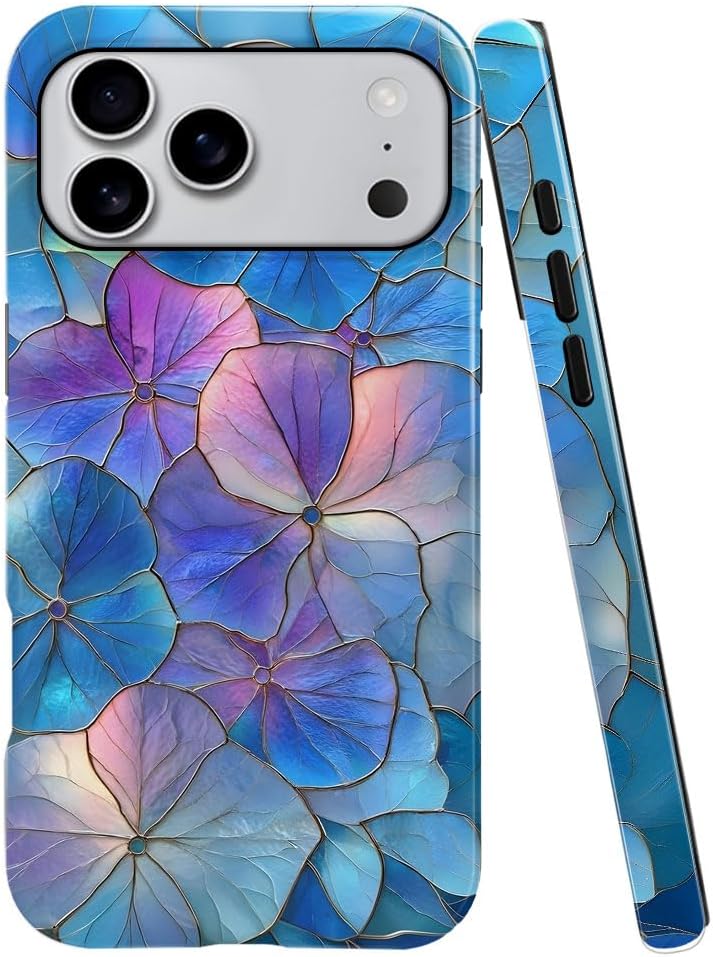 Case for iPhone 17 Pro Max - Slim Fit Anti-Scratch Phone Case for Girl Women - Blue Hydrangea Floral Stained Glass Aesthetic (Glossy)