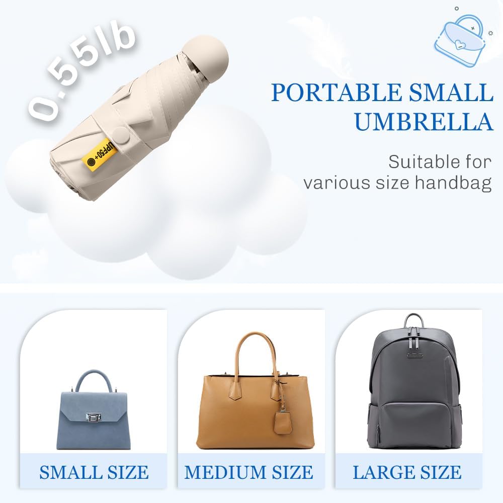 TOPSAIL Mini Umbrella Compact for Travel, UV Sun Protection(UPF50+), Waterproof for Light Rain