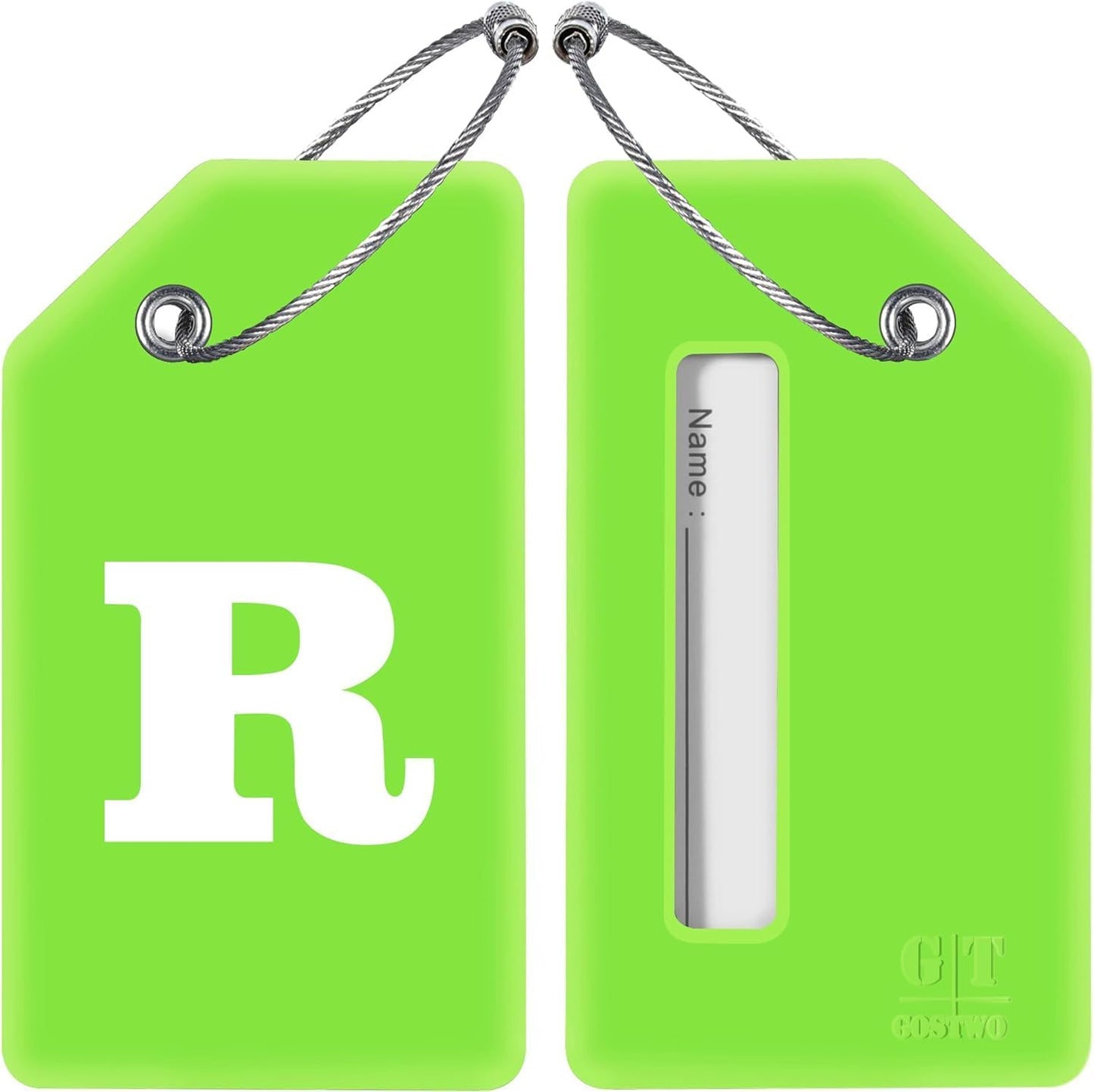 Gostwo 2 Pack Silicone Luggage Tags for Suitcases, 26 Initial Letter Baggage Labels Handbag School Bag Suitcase Instrument Tag with Stainless Steel Loop(Green)(Letter R)