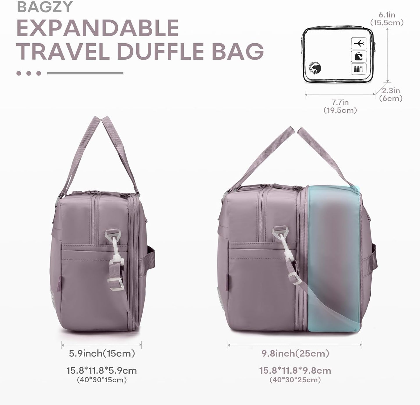 40x30x15cm Personal Item Travel Bag Expandable 40x30x25cm Gym Bag Lightweight Duffle Bag Mens Weekender Bags for Women with Wet Pocket for Overnight Hospital Carry on Bags for Airplanes Purple