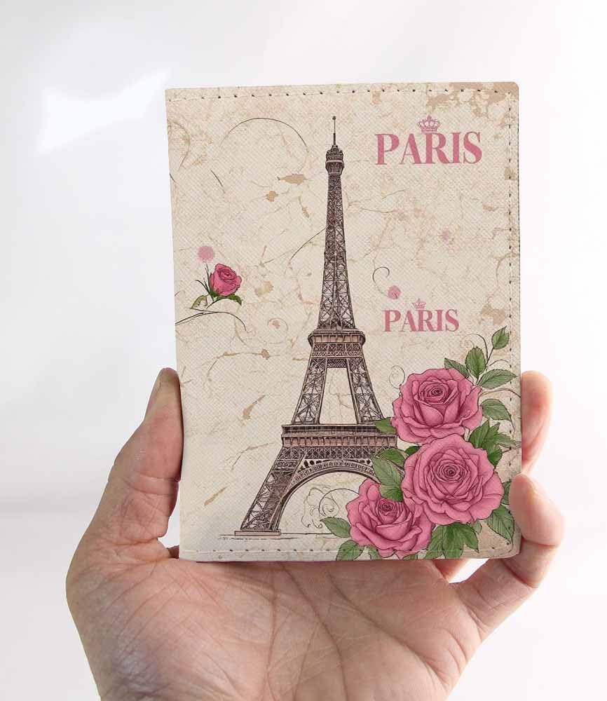 Eiffel Tower with Flowers Passport Holder for Travel Paris Floral Vintage Grunge PU Leather Passport Cover Wallet Cute Passport Card Holder for Women and Men