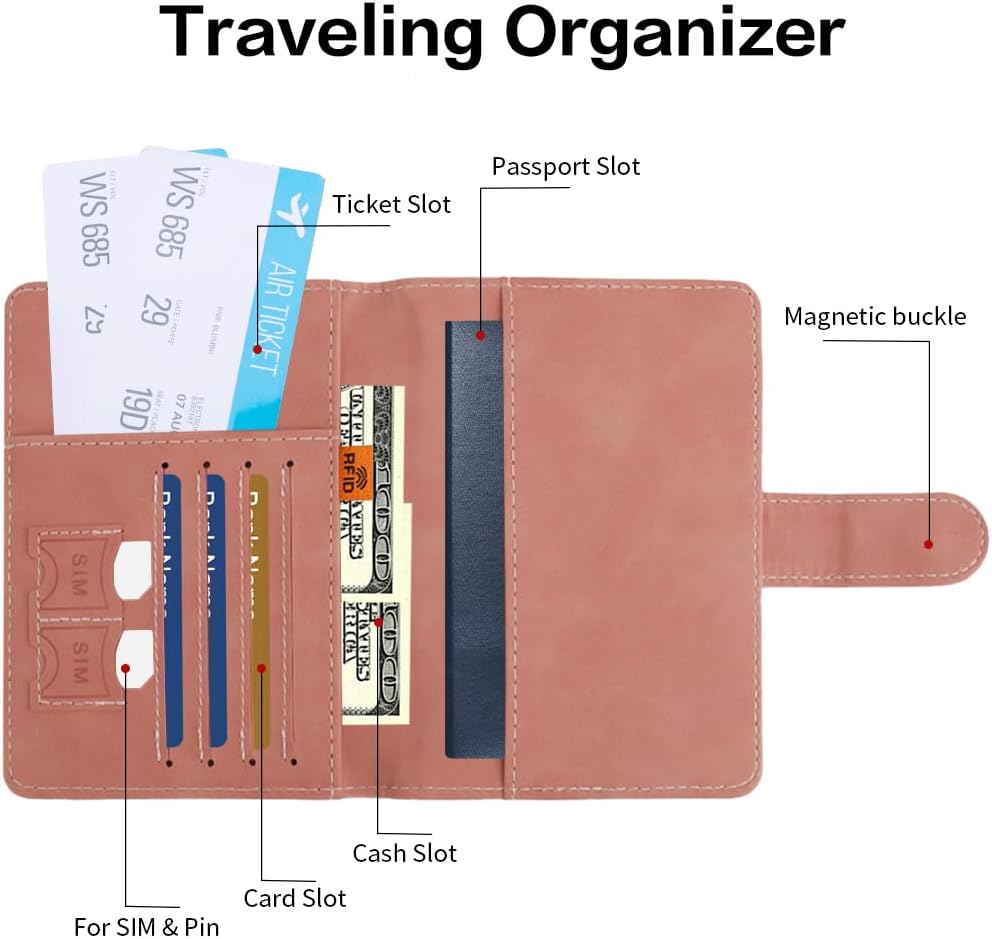 Passport Holder for Travel, Passport Cover Wallet, Premium PU Leather Passport Book Card Holder Case for Women Men, Waterproof RFID Blocking Flying Travelling Essentials Vacation Must Haves, Pink