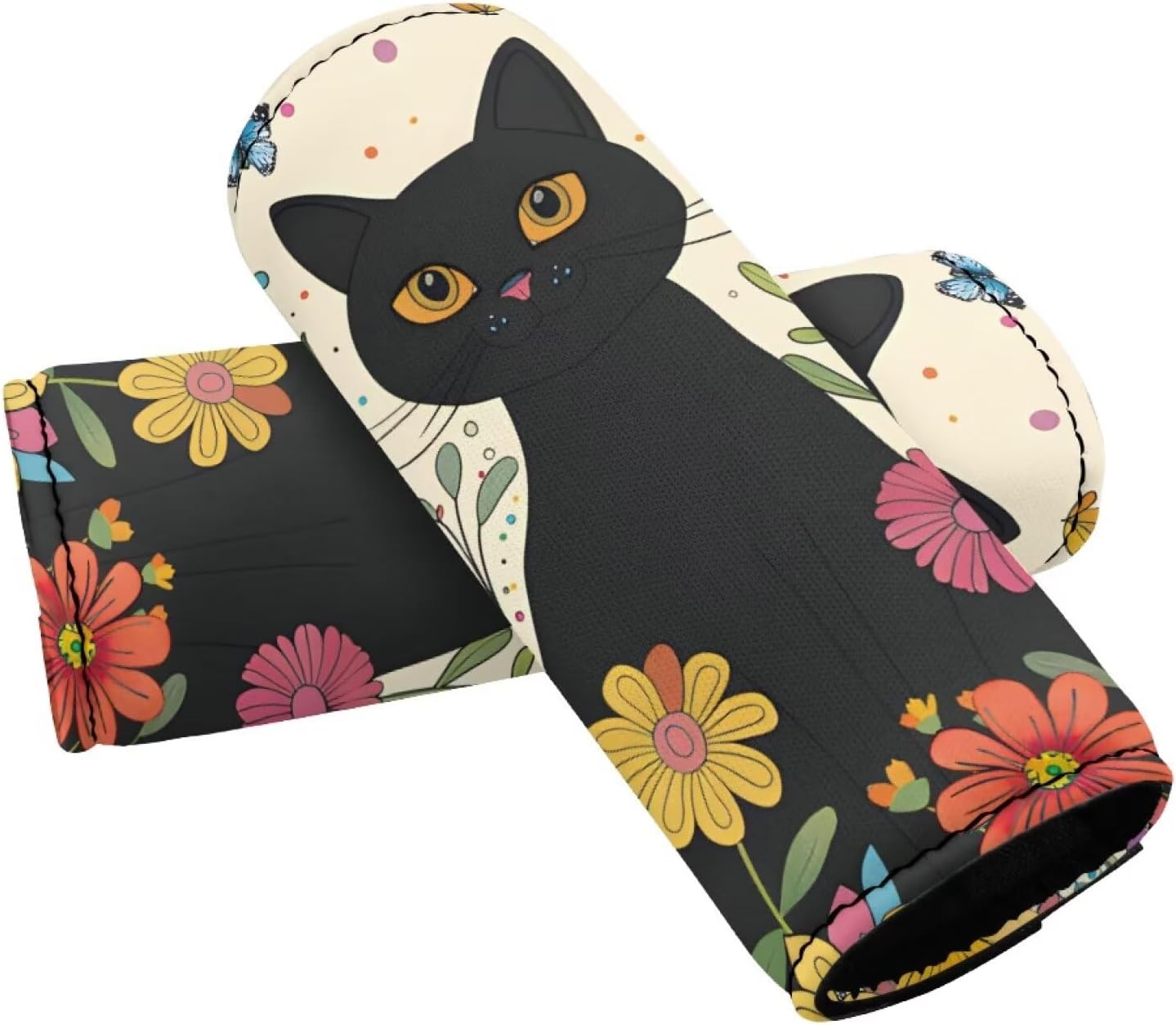 Cartoon Black Kitten Luggage Handle Protection Sleeve Cover Set of 2 Pcs,Neoprene Luggage Identifier for Suitcase Teens Adult Soft Trolley Case Grip Cover, Flower Door Handle Cover Set