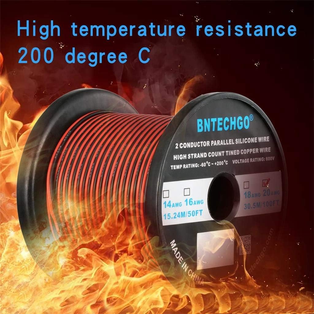 BNTECHGO 20 Gauge Flexible 2 Conductor Parallel Silicone Wire Spool Red Black High Resistant 200 deg C 600V for Single Color LED Strip Extension Cable Cord,Model,100ft Stranded Tinned Copper Wire