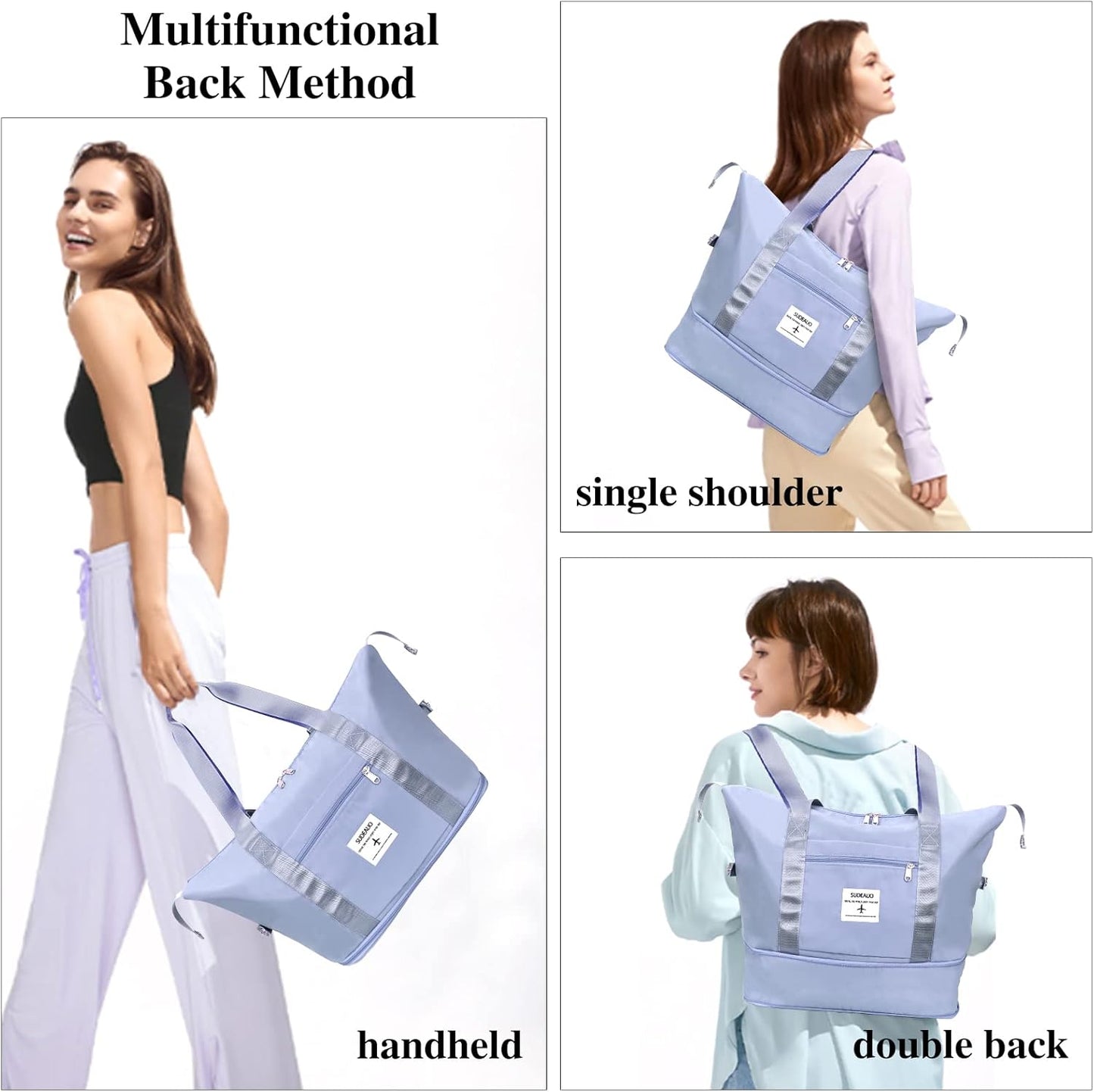 Large Capacity Folding Travel Tote Bag, Oxford Fabric Waterproof Lightweight Foldable Travel Duffel Bag, Portable Expandable Travel Bag, Dry and Wet Separation Carry On Bag for Airplanes (Blue-2)
