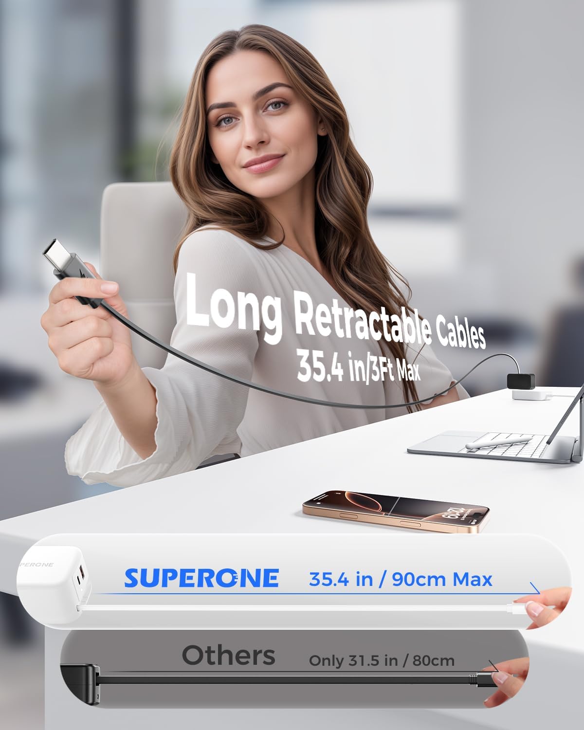 SUPERONE Retractable iPhone Charger, 4-Port USB C Charger Block (Dual Type-C Cables - Black)