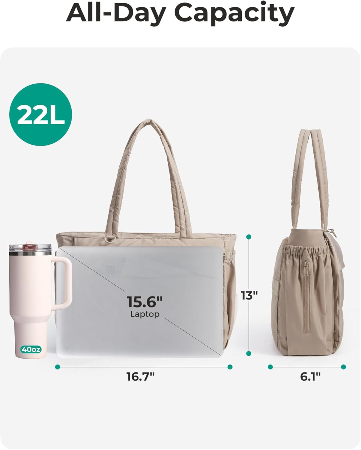 BAGSMART Puffy Bubble Tote Bag for Women, 22L Gym Bag for 40oz Tumbler, Work Handbag for Travel