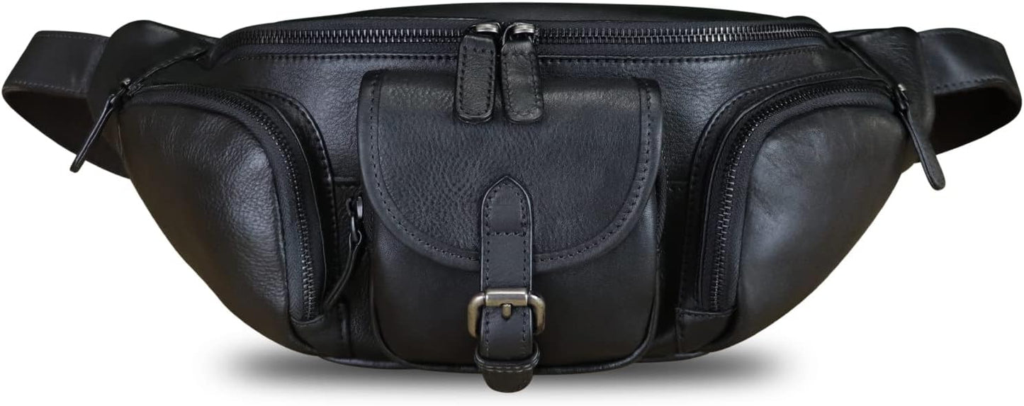 Genuine Leather Fanny Pack for Men and Women Real Leather Sling Bag Crossbody Bag Fashion Waist Bag Chest Purse (Black)