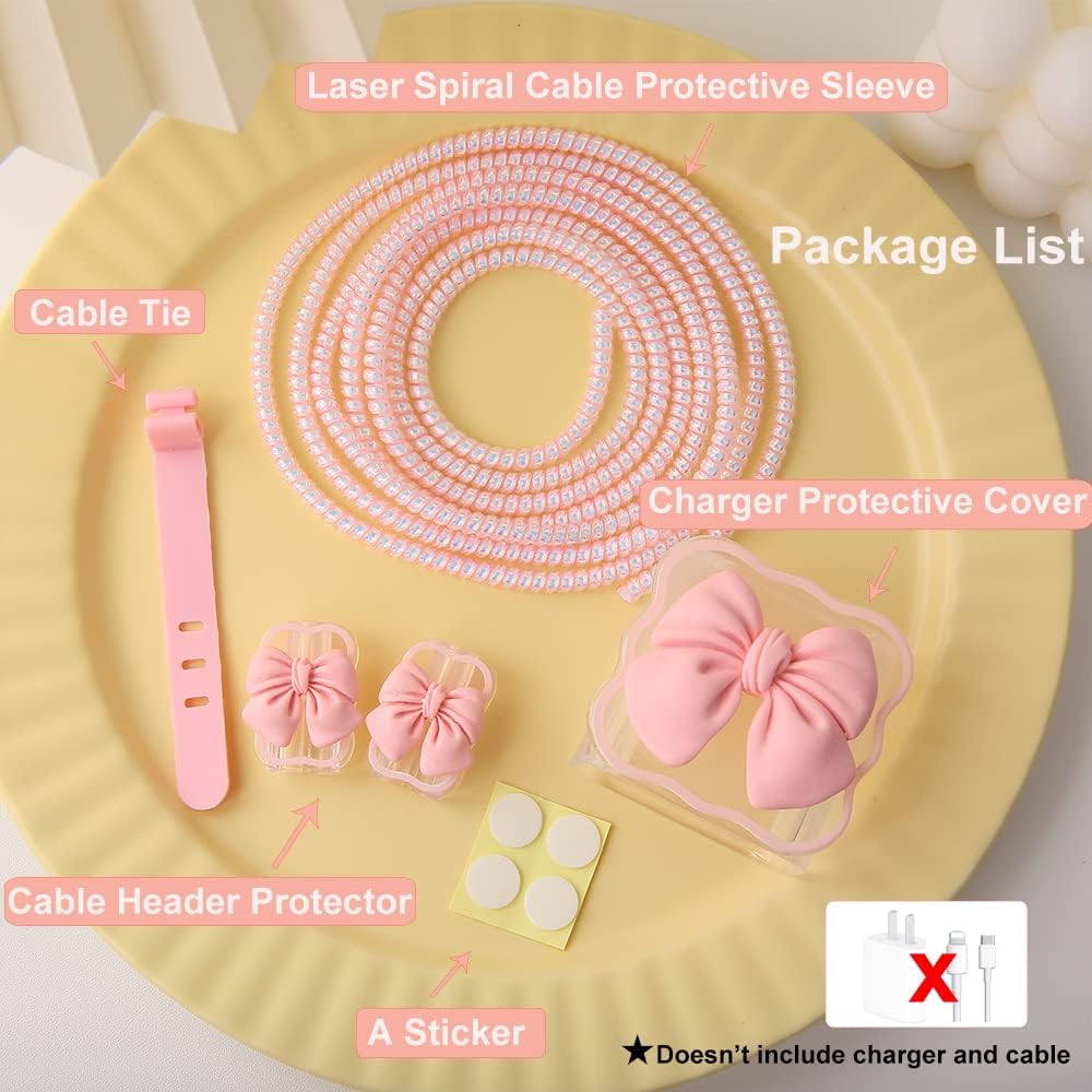Compatible with iPhone 18W/20W USB-C Charger Cover Cute 3D Bow Tie Design Clear Soft Charger Protector Kawaii Cable Saver for iPhone 11 12 13 14 Pro Max Fast Power Adapter, Pink 2 (5in1)