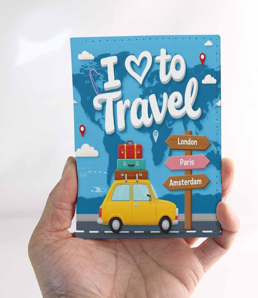 I Love to Travel Passport Holder for Travel Car Carries Luggage to Different Countries PU Leather Passport Cover Wallet Cute Passport Card Holder for Women and Men