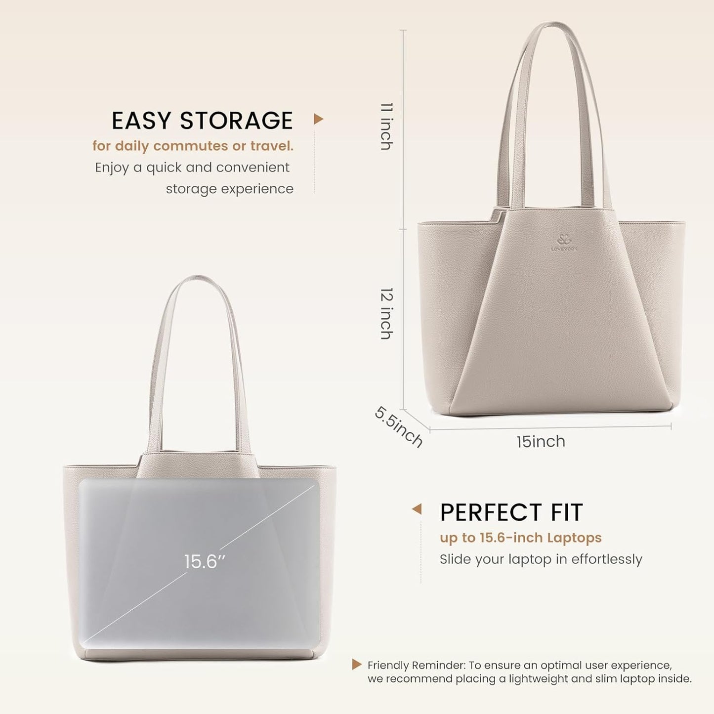 LOVEVOOK Laptop Tote for Women - 15.6 Inch Faux Leather Laptop Bag with Clutch, Large Capacity Office Purse for Casual Business Travel, Off White