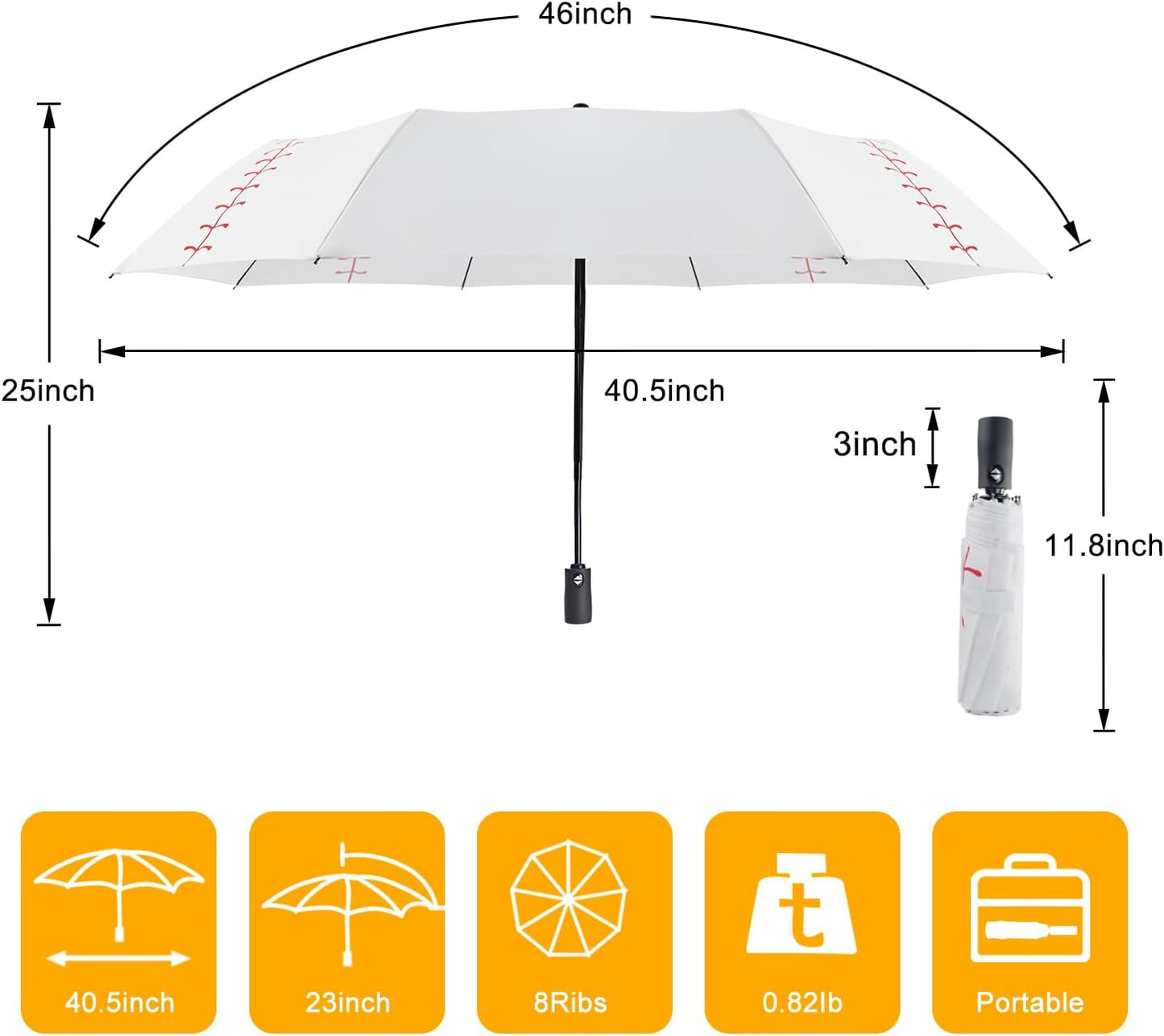Lejorain White Baseball Umbrella Compact - Portable Windproof Travel Folding Sports Umbrella Auto Open Baseball