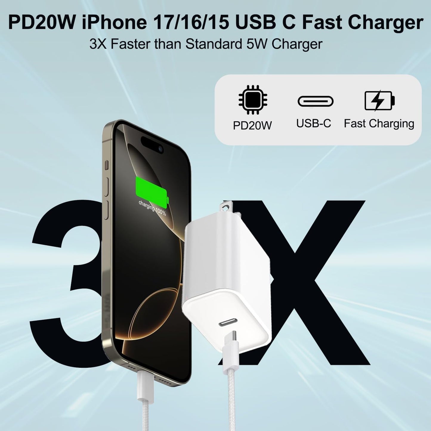 iPhone 17 16 15 Charger Fast Charging 20W Type C Charger Fast Charging with 6FT USB C Woven Cord for iPhone 17/17 Pro/17 Pro Max/17 Air/16/16e/16 Plus/16 Pro/16 Pro Max/15/15 Pro Max/iPad Pro/Air Pods