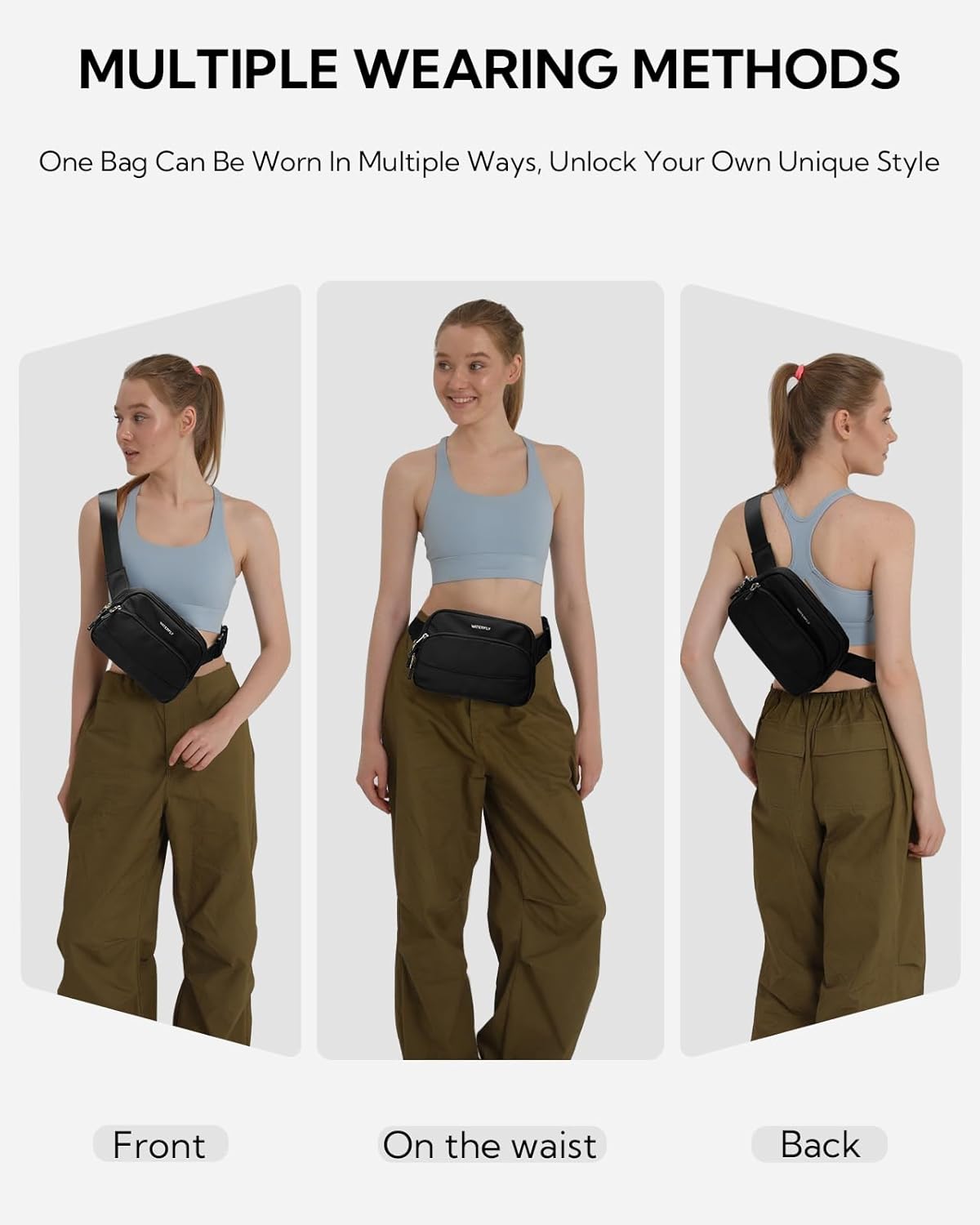 WATERFLY Waist Packs Fanny Pack: 2L Fashion Crossbody Bum Bags for Women Men Casual Waist Bag for Walking Hiking Everywhere
