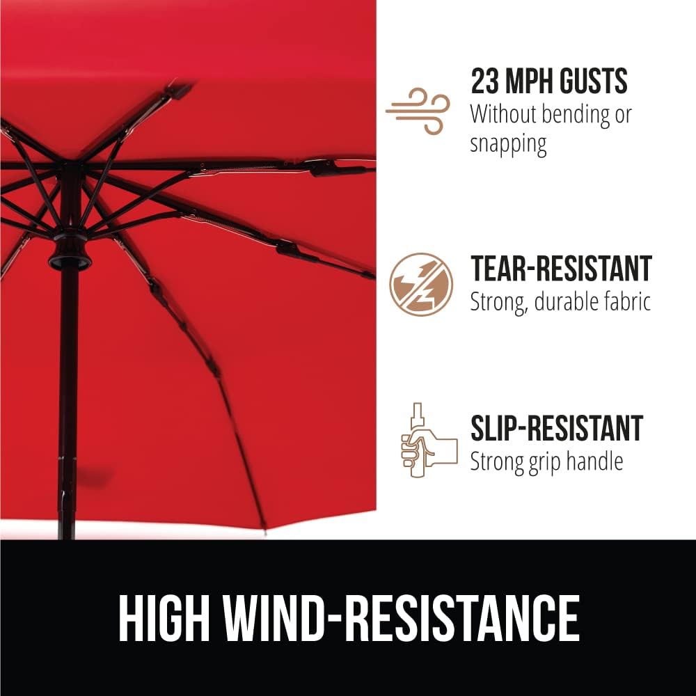 GORILLA GRIP Strong Windproof Stick Compact Umbrella for Rain, One-Click Automatic Open and Close, Durable Quick Dry Waterproof Material, Lightweight and Portable, Travel Size Fits Backpack, Red