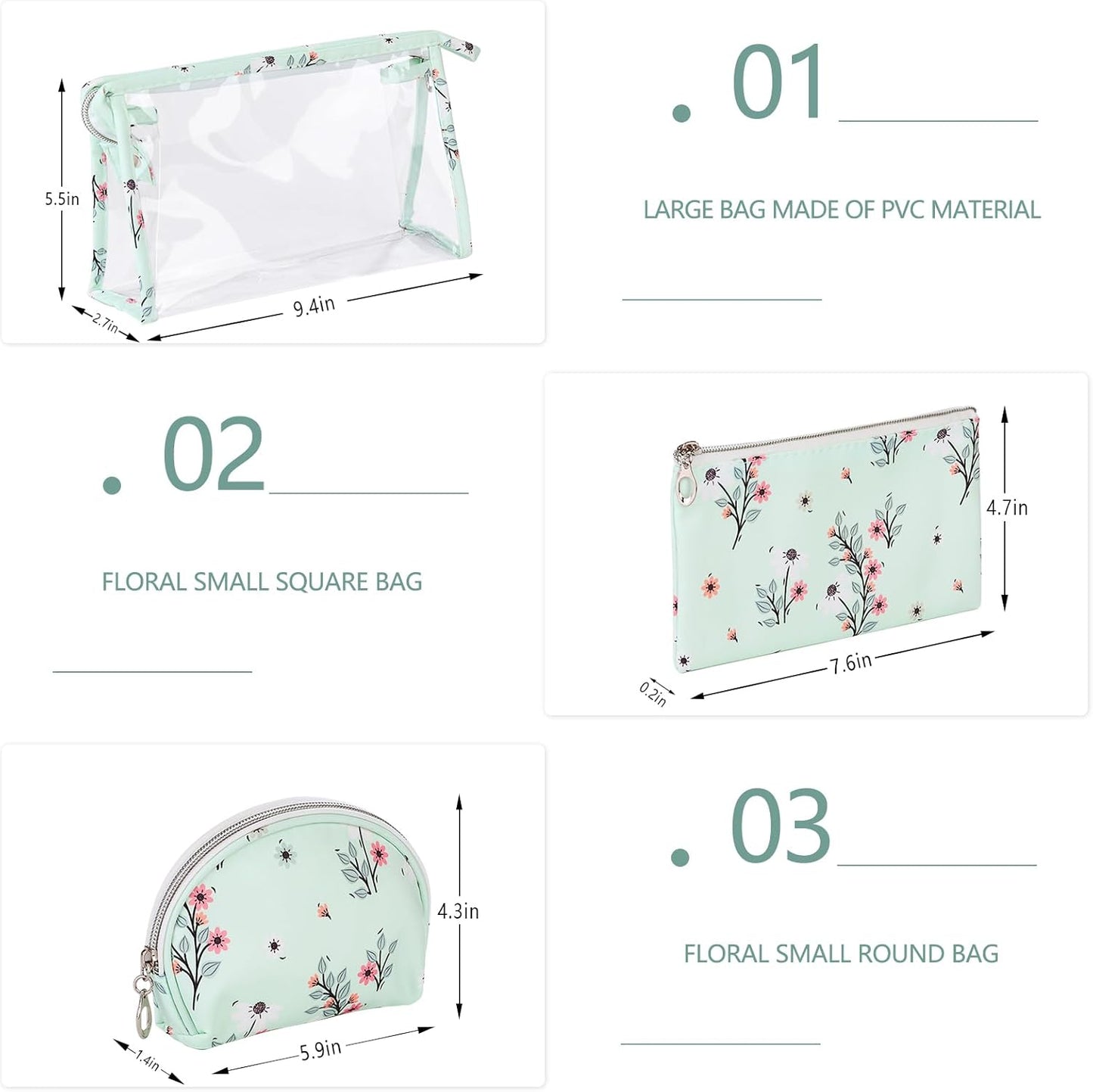 Richeart Makeup Bag, Clear Bag with Zipper, 3PC Floral Flowers Makeup Pouch, Waterproof Small Pouch, Portable Travel Toiletry Bag, B