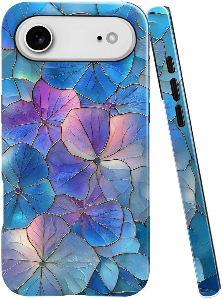 Case for iPhone 17 Air - Slim Fit Anti-Scratch Phone Case for Girl Women - Blue Hydrangea Floral Stained Glass Aesthetic (Glossy)