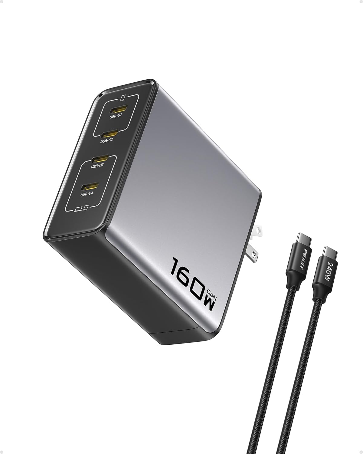 PISEN 160W USB C Charger - PD3.1 GaN Fast Charger USB C 4-Port Foldable Charging Block 160Watt Power Adapter with 6FT 240W Type-C Cable, 160W Charger for MacBook, Laptops, Samsung, iPad, iPhone Series