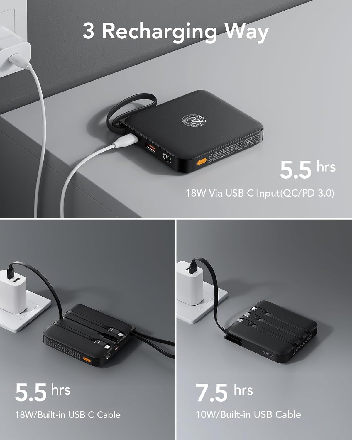 VRURC 20000mAh Portable Charger with Built-in Cables, Travel Essentials, 22.5W Fast Charging Power Bank for iPhone, Phone Battery Pack for iPhone 16 15 14 13 12 11 x Samsung Galaxy Series(1 Pack)