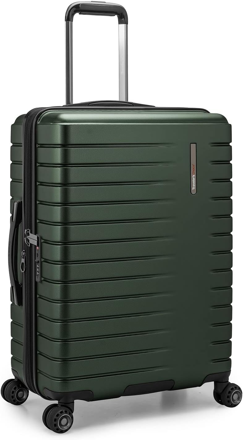 Traveler's Choice Archer Polycarbonate Hardside Luggage with Spinner Wheels, Tie Down Straps, Green, Checked 25-Inch