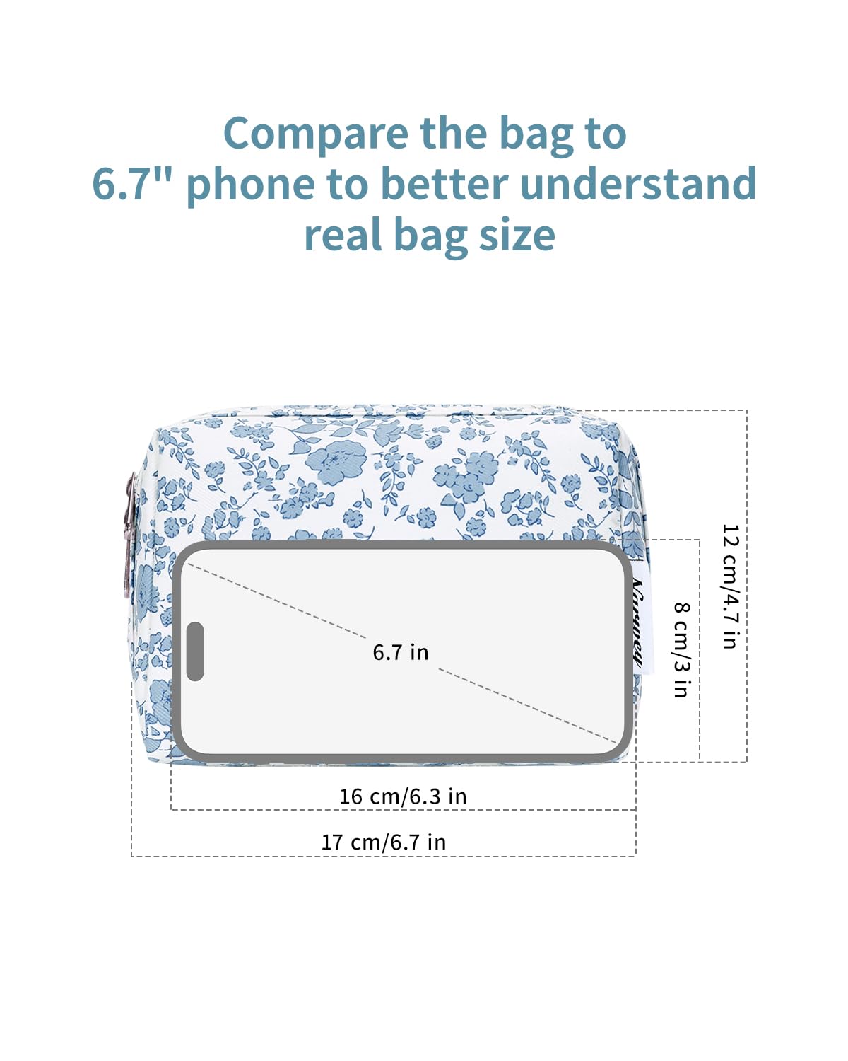 Narwey Small Cute Floral Makeup Bag for Purse Mini Cosmetic Bag Travel Makeup Pouch Zipper Pouch Cute Make up Bags with Compartments for Women Girls (Little Blue Flower, Small)