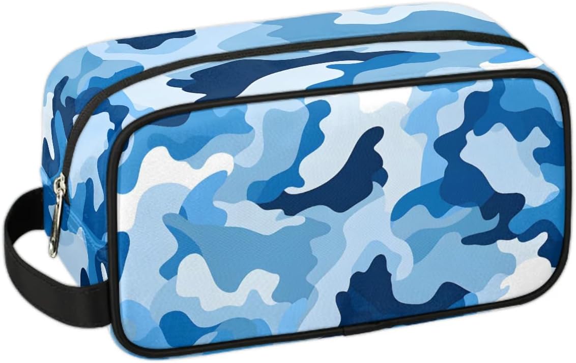 Blue Camouflage Travel Toiletry Bag Kit for Men Army Camo Cosmetic Makeup Bag for Women Waterproof Shaving Bag Hanging Wash Bag Organizer for Toiletries Accessories