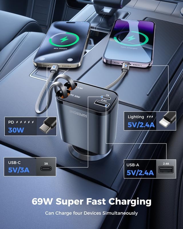 SUPERONE Smaller 69W Retractable Car Charger 4 in 1 Fast Car Phone Charger Adapter with Retractable Type C & L Cords, USB C Car Chargers for iPhone 17 16 15 14 13 12 Galaxy Pixel
