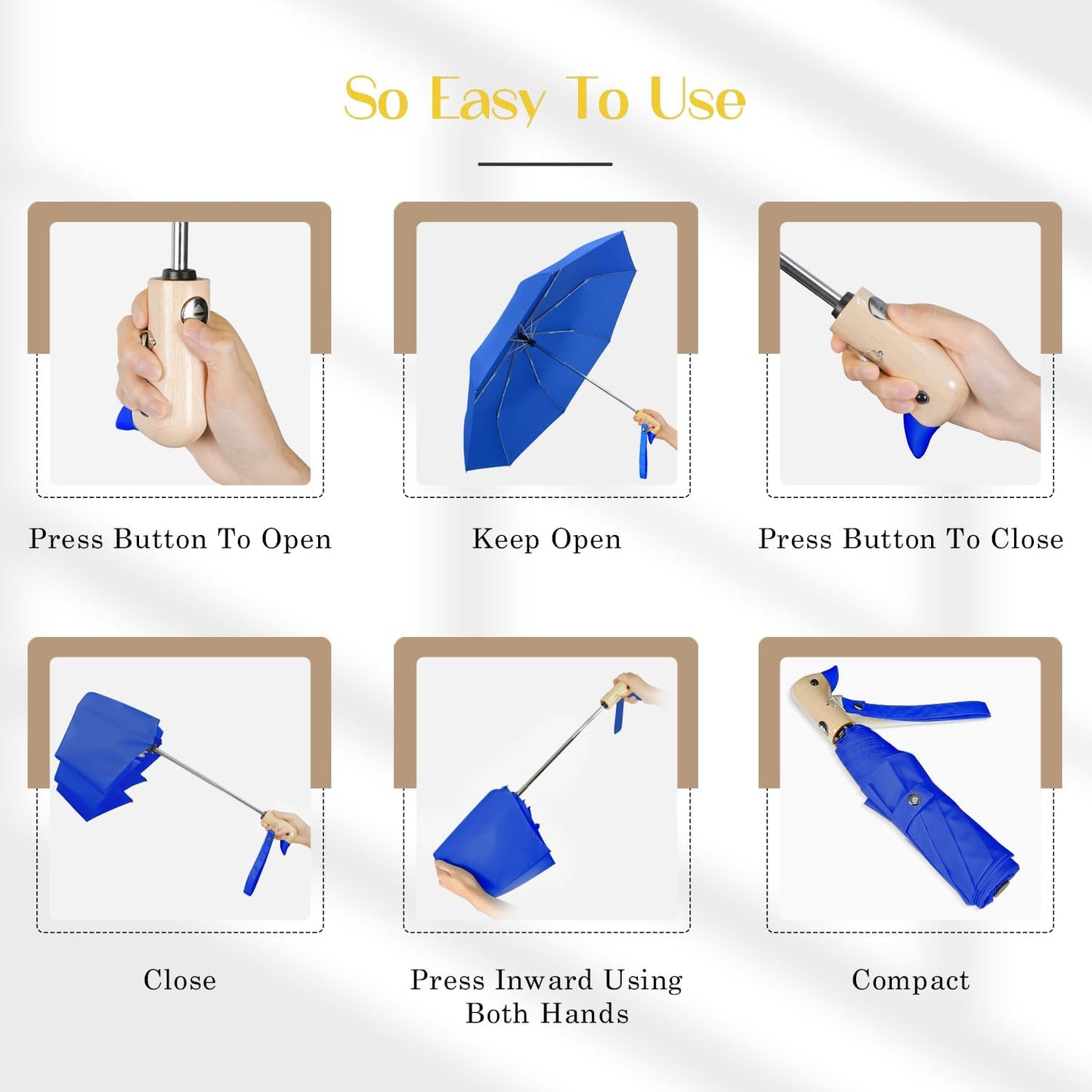 Cute Duck Umbrella Automatic - Compact Pretty Pocket Size Strong Duck Collapsible Umbrella Yellow Wooden Handle for Women