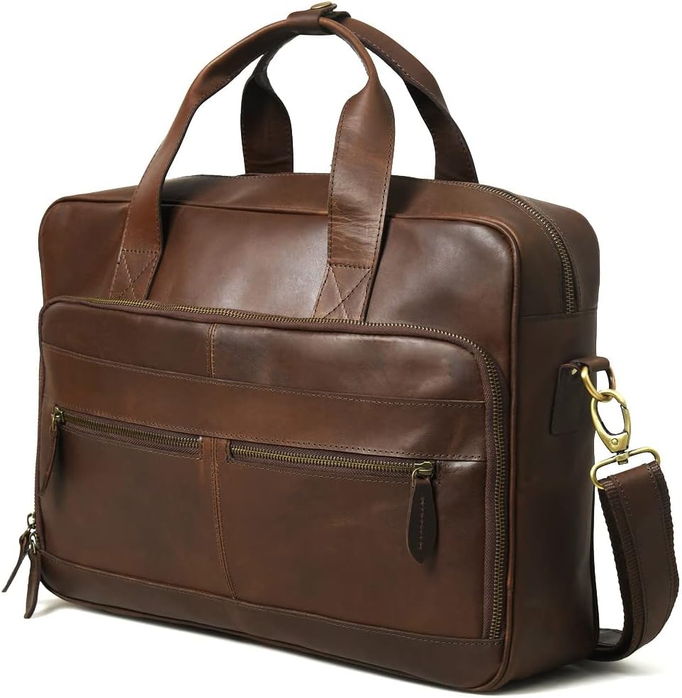 Gratlin Full Grain Buffalo Leather Briefcase For Men | Handcrafted Genuine Leather Messenger Bag for Men & Women | Brown Leather Laptop Bag for Men | Best Leather Bag Satchel Computer Case in 16 Inch