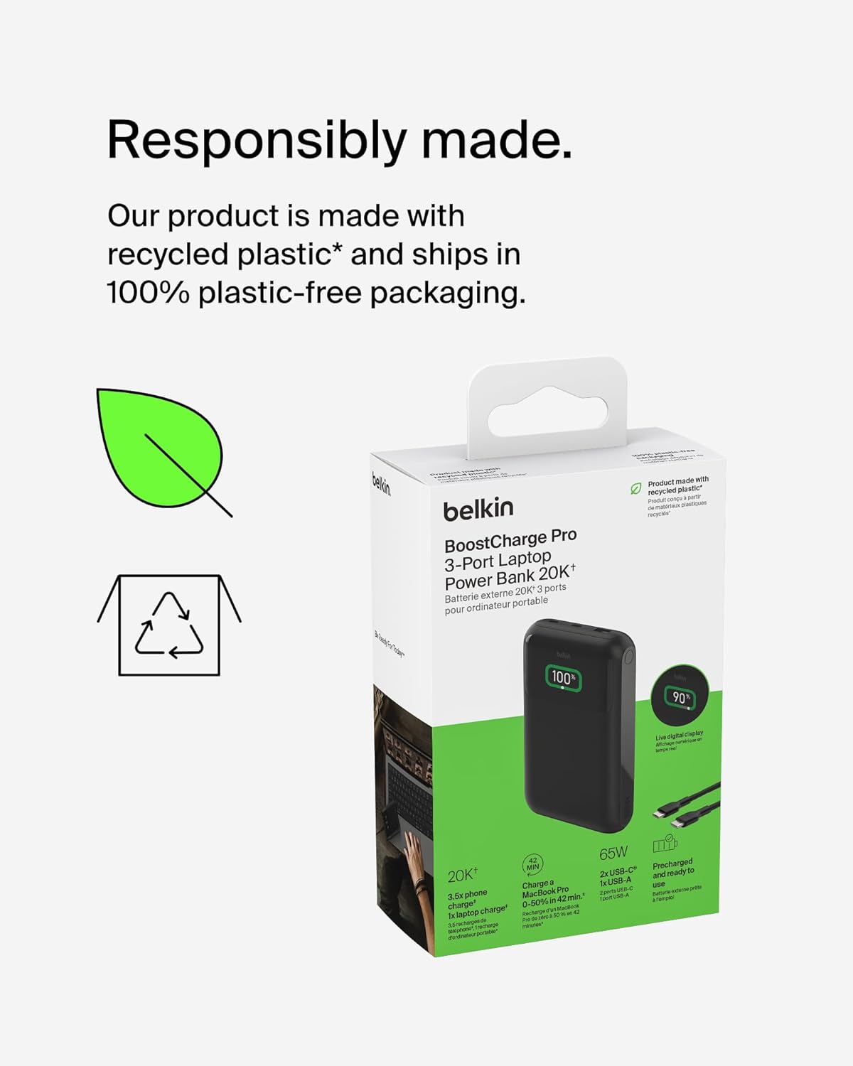 Belkin Portable Charger, 3-Port Laptop Power Bank 20000 mAh - USB-C & USB-A Ports, 65W iPhone Charger Fast Charging - MacBook, Apple iPhone 17, iPad, Samsung Galaxy S25, Nintendo Switch 2, etc - Black
