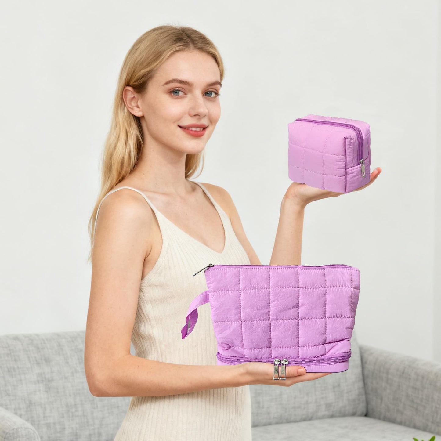 Purple Puffy Puffer Makeup Bag for Purse Small Makeup Pouch Quilted Cosmetic Bag Cute Cotton Toiletry Pouch Bag for Women