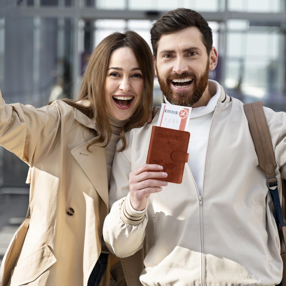 Passport Holder for Travel, Passport Cover Wallet, Premium PU Leather Passport Book Card Holder Case for Women Men, Waterproof RFID Blocking Flying Travelling Essentials Vacation Must Haves, Brown