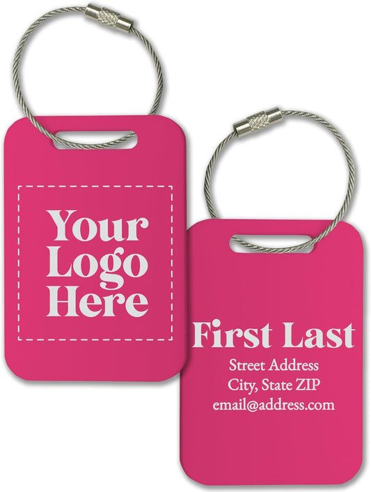 Personalized Logo Name Tag for Luggage (3 or 6 Count Pack) | Custom Tag for Suitcase | Acrylic Name Tag for Travel | Choose Your Font & Color | Backpack ID Label (Logo, Hot Pink)