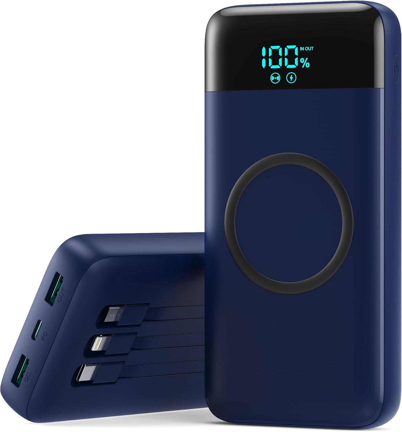 Wireless Portable Charger 40800mAh for iPhone with 3 Built-in Cables,7-in-1 15W Wireless Charging USB C Power Bank,25W PD Fast Charging Travel Essential Battery Pack for iPhone 17/16/15/14-Dark Blue