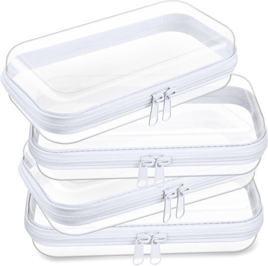 Hoolerry 4 Pcs Hard Clear Zipper Case Makeup Bags Plastic Pencil Pouch Transparent Storage Box Containers for Cosmetics, Snacks, Building Blocks, Puzzles(White,7.5 x 3.9 x 2 in)
