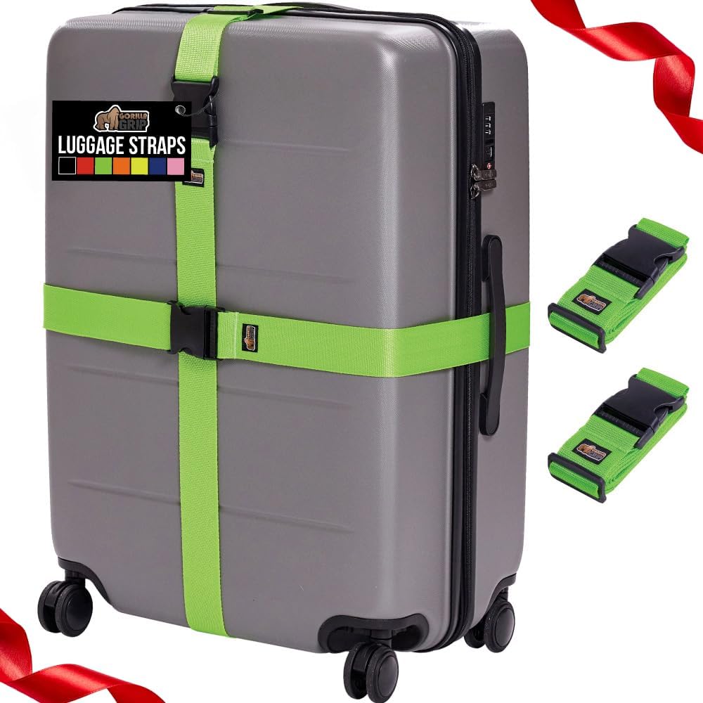 GORILLA GRIP Heavy Duty Adjustable Luggage Straps for Suitcases, Easy to Identify Travel Belt Connector Holds Suitcase Together, Holiday Travel Gift, Stocking Stuffer, Accessories, 2 Pack Green