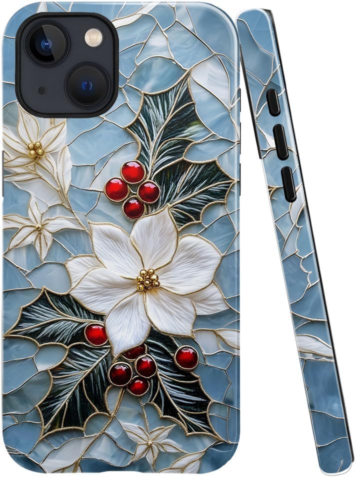 Case for iPhone 15 - Slim Fit Anti-Scratch Phone Case for Girl Women - Christmas Holly Elegant Winter Floral (Glossy)