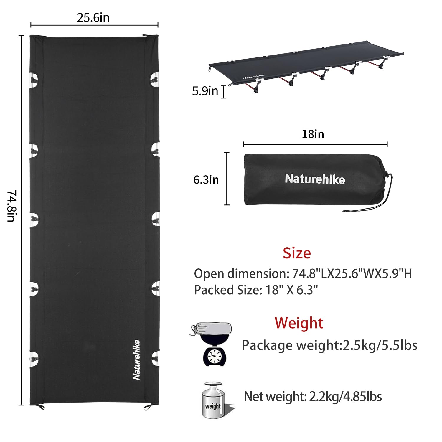Naturehike GreenWild Camping Cot, Ultralight Folding Backpacking Cot, Supports 330lbs, Portable